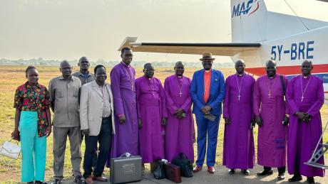Bishops from the Episcopal Church of South Sudan prepare to board the MAF Plane