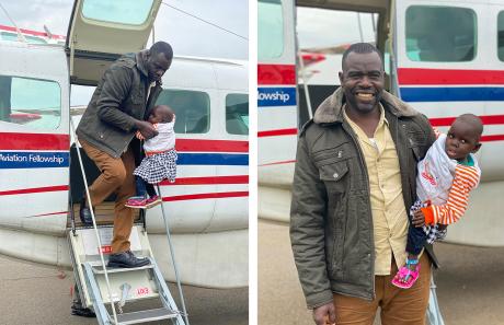 Big smiles! Ojiya and her dad arrive back in Juba after successful surgery 